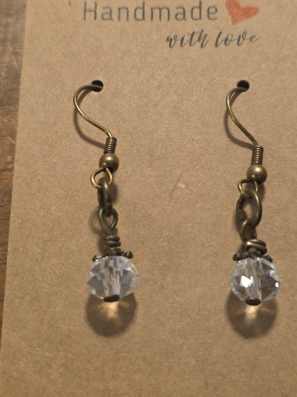Handmade Brass Crystal Drop Earrings - Clear